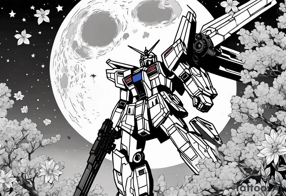 gundam, flying over moon, falling flowers, line art tattoo idea