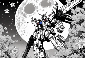 gundam, flying over moon, falling flowers, line art tattoo idea