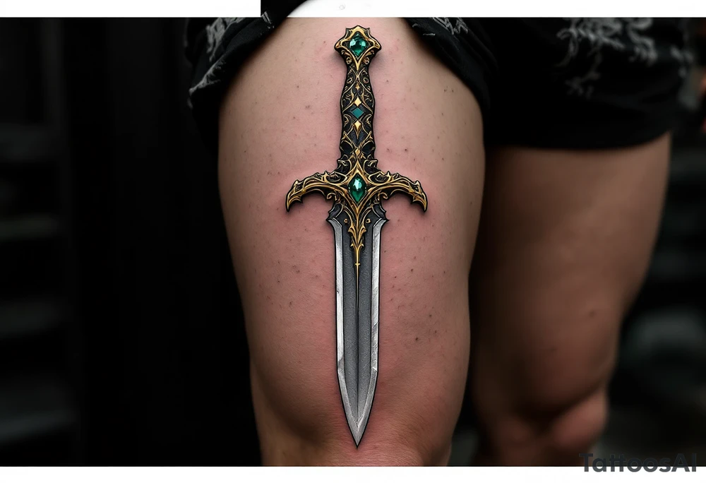 Vintage Ornate Dagger – A detailed dagger with intricate patterns along the blade and hilt, featuring golden accents and a deep emerald green gem in the pommel. The blade is shaded in dark steel gray with subtle silver highlights tattoo idea