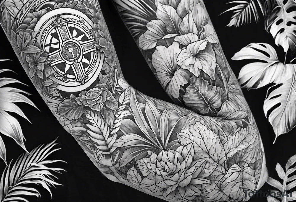 full arm sleeve tattoo with St. Benedict Medal surrounded by jungle plants tattoo idea