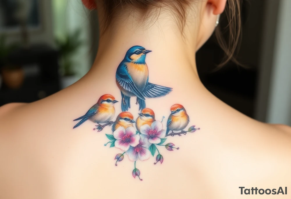 Mom bird and three baby birds with flowers tattoo idea