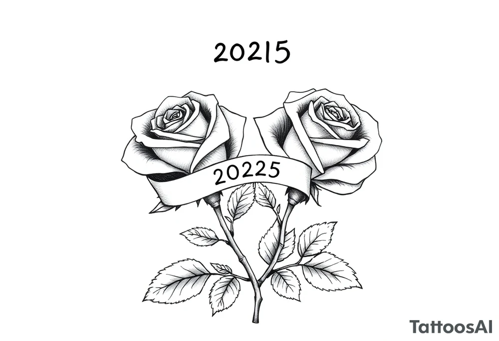 two beautiful rose buds, side by side, with many leaves and their stems intertwined, representing two people in love. Include a banner connecting the two roses with "2025" on it.  The word "Rose" written in Kanji above the drawing.  Use dark outlines with little shading. The two stems should connect and join into one stem, whimsically curved or twisted - not straight down. tattoo idea