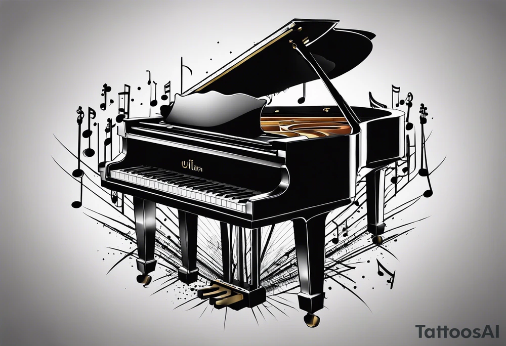 tattoo design for the back of arm. small. just the keys of a piano with drum sticks. realistic tattoo idea