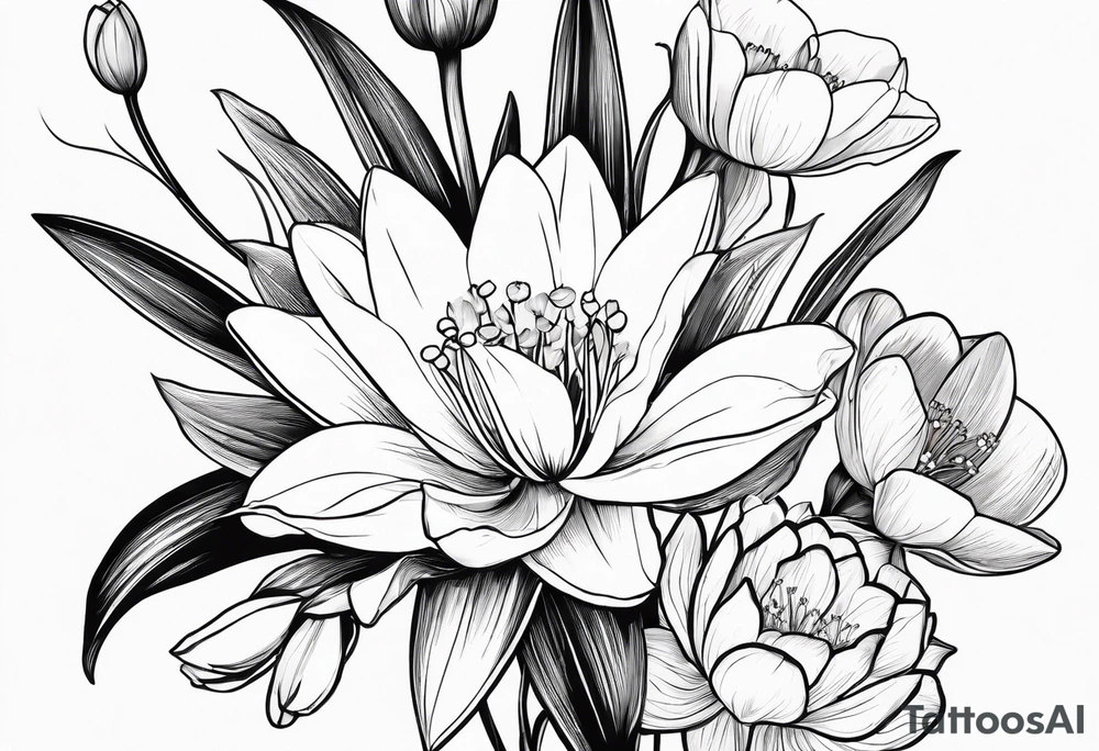 A minimalist line work bouquet of flowers with a water lily, gladiolus, poppy, lily of the valley, daffodil, and a honey suckle. With long stems and tied with a bow tattoo idea