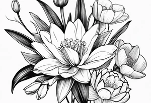 A minimalist line work bouquet of flowers with a water lily, gladiolus, poppy, lily of the valley, daffodil, and a honey suckle. With long stems and tied with a bow tattoo idea