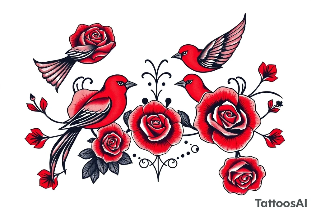 Vintage lace, red roses, red birds, vintage, wrap around, tighter together, no space open tattoo idea