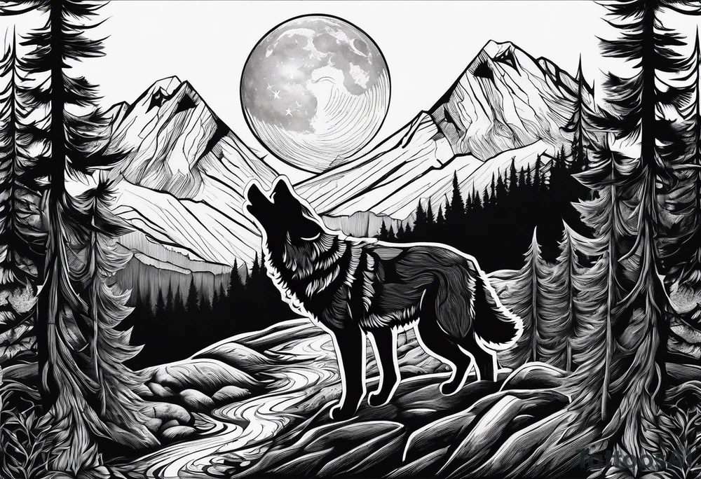 Mountain peaks
Two wolves
Moon
Dark woods
Trail tattoo idea