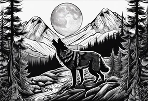 Mountain peaks
Two wolves
Moon
Dark woods
Trail tattoo idea