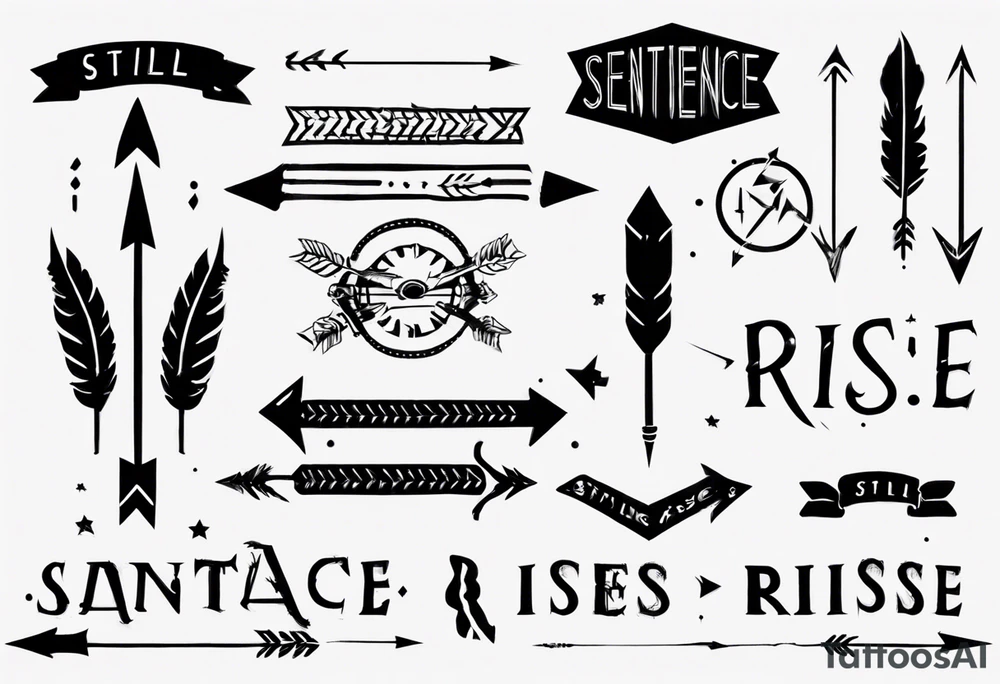 sentence “still I rise” an excellent font with arrow piercing through the letters on each end, thin dotted circle around the tattoo, but the arrows go past the circle tattoo idea