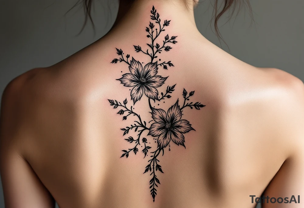 1.	Cherry Blossom Flow (Central Spine): A cascading cherry blossom flowing vertically along the spine to cover the central portion of the existing tattoo. Symmetrical patterns inspired by ornamental designs, with intricate curves and dotwork extending outward from the base of the spine. These elements should balance the floral motif and enhance the lower back area with a decorative, feminine flair.
	3.	Dotwork and Contouring: Delicate linework and dot patterns should be added around the floral design to give texture and seamlessly blend the tattoo with the surrounding skin. The ornamentation should curve naturally along the shape of the body, creating a cohesive, elegant look. tattoo idea