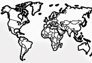 minimalist tattoo, using a single line to draw the extern contour of the world map with the 5 continents, white background tattoo idea