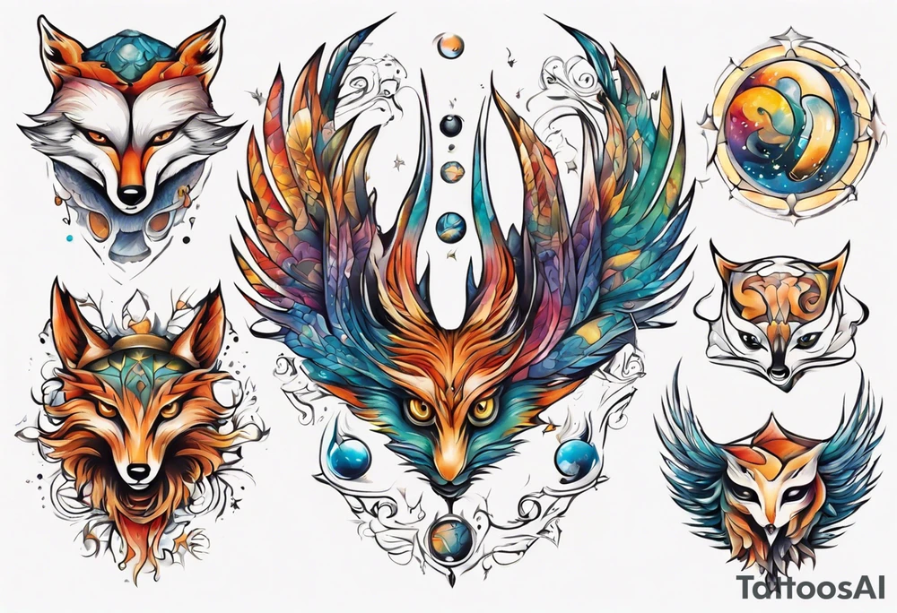 fisch, fuchs und eule , symetrie universum, bunt tattoo idea