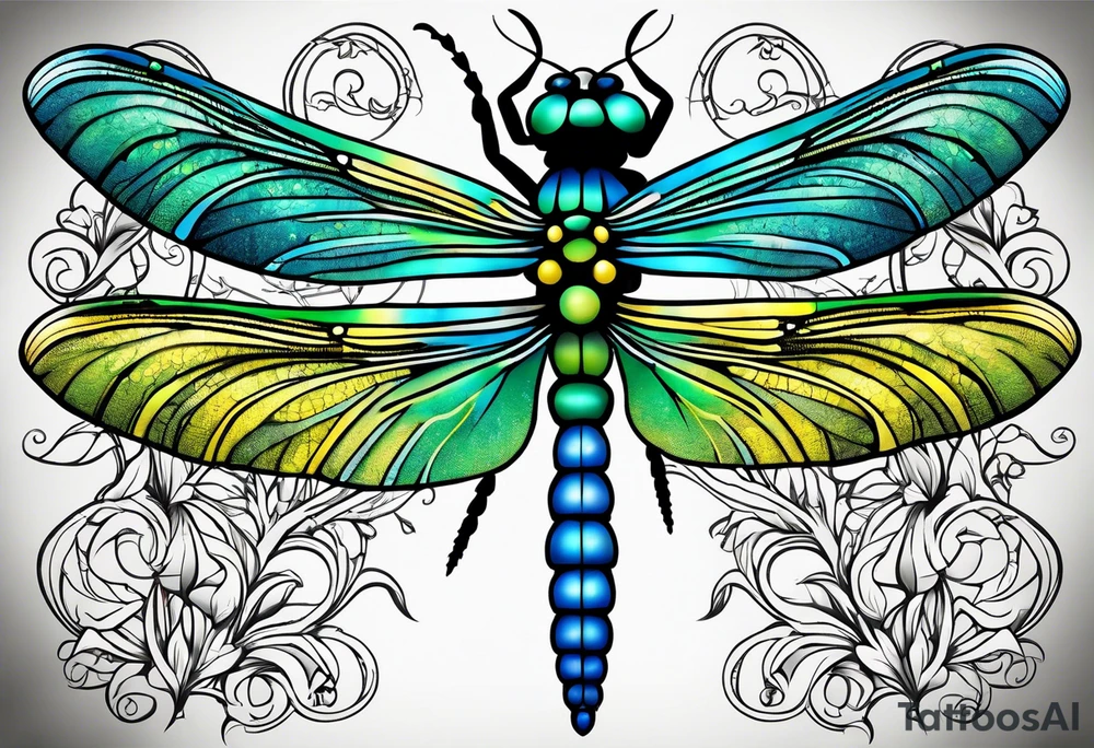 green blue and yellow dragonfly on a twig tattoo idea