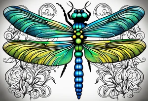 green blue and yellow dragonfly on a twig tattoo idea