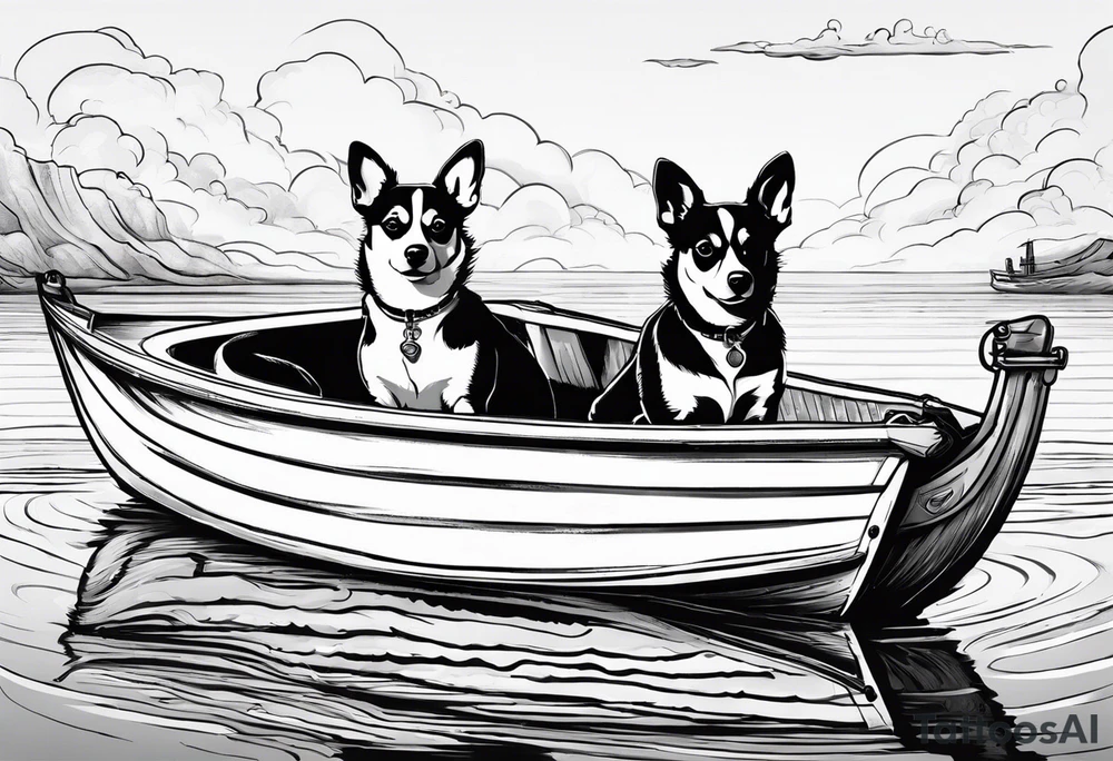 two dogs in a boat. One dog is tan with big ears like a chihuahua. The other dog looks like a corgi but the ears flop down instead of standing up. The name on the boat is McNamara tattoo idea
