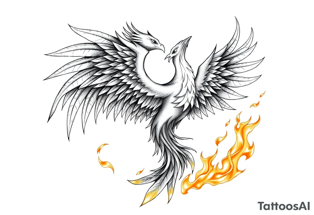 magnificent phoenix rising from golden flames with trailing embers tattoo idea