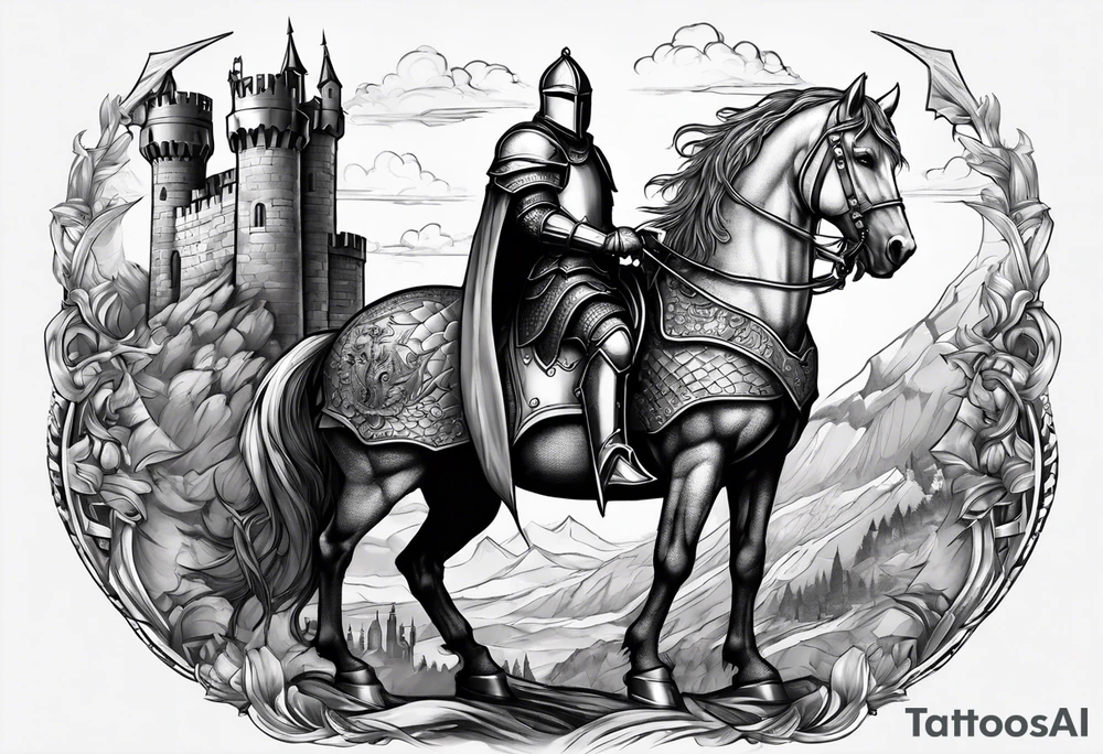 knight in armor full body with castle in background and dragon tattoo idea