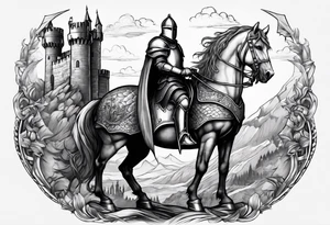 knight in armor full body with castle in background and dragon tattoo idea