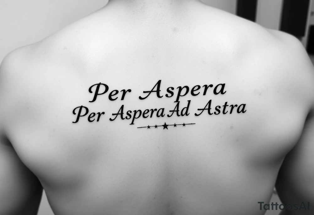 The phrase "Per Aspera Ad Astra" above the knee using Paragone Fancy Aesthetic Serif font. Also add a couple small minor stars at the end of the phrase. Put "Per Aspera" a line above "Ad Astra". And show me how it would look above the knee cap tattoo idea