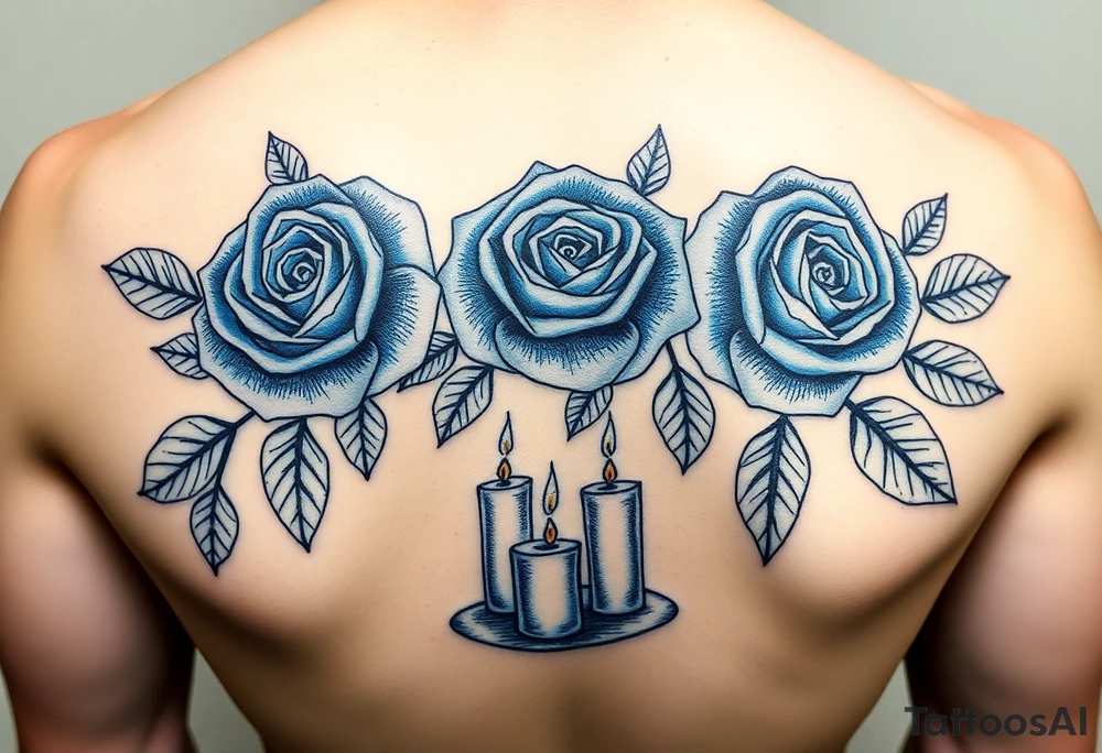 Blue roses, water, 2 candles, eyes tattoo idea