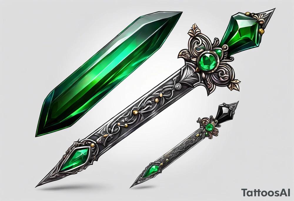 An athame dagger with the hilt turned upward and emerald gemstones tattoo idea