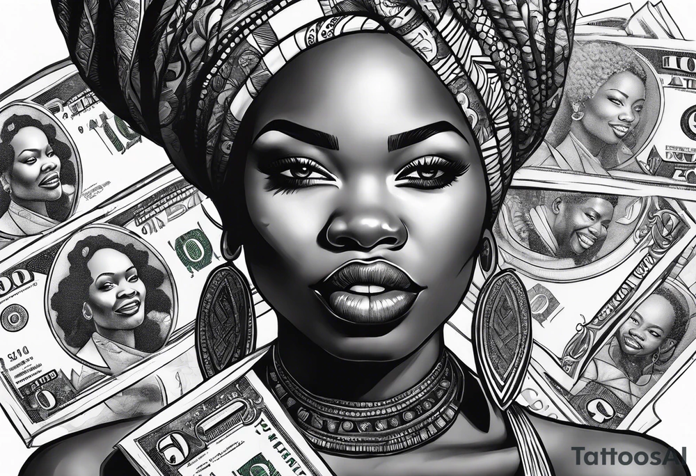 african woman biting money tattoo idea