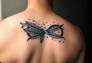 infinity symbol woven with floating feathers and stardust tattoo idea