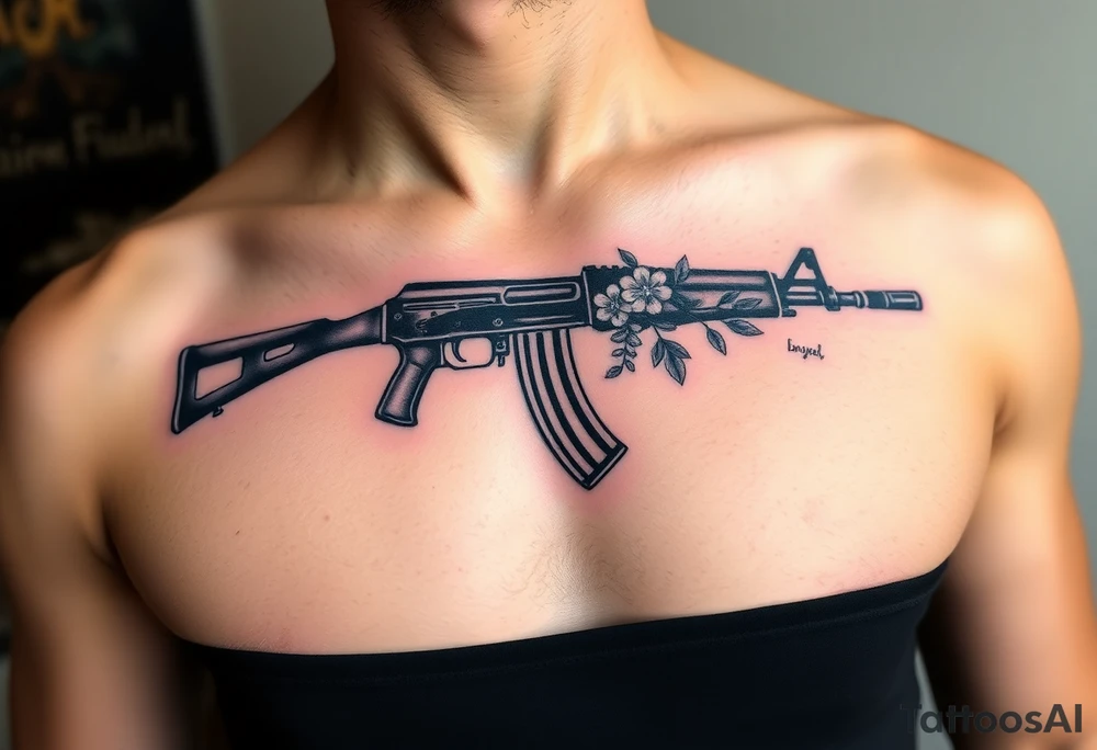ak 47 black silhouette with floreal details tattoo idea