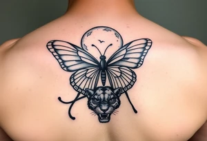 ethereal butterfly with flowing silk ribbons in moonlight with panther tattoo idea