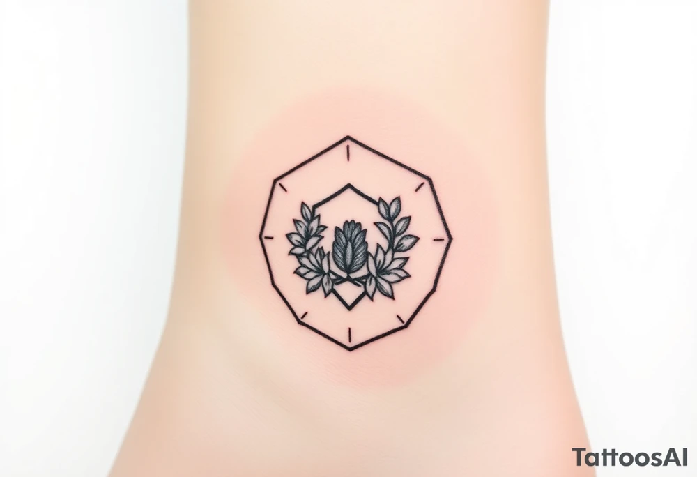 Hexagon with astrological sign for Leo, larkspur and water lilies in the center tattoo idea