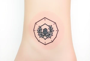 Hexagon with astrological sign for Leo, larkspur and water lilies in the center tattoo idea