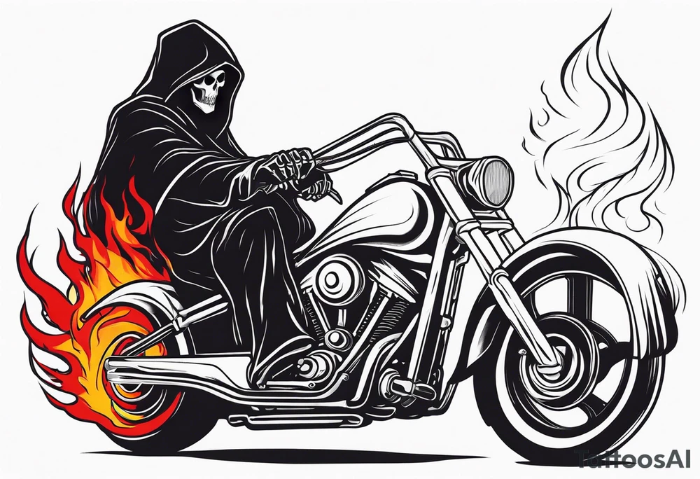 Grim Reaper on motorcycle, on fire, red eyes tattoo idea