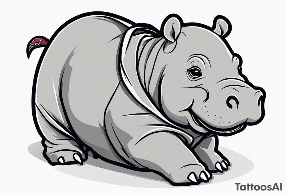 Baby hippopotamus wrapped in a swaddle and has a knife sideways in its mouth tattoo idea