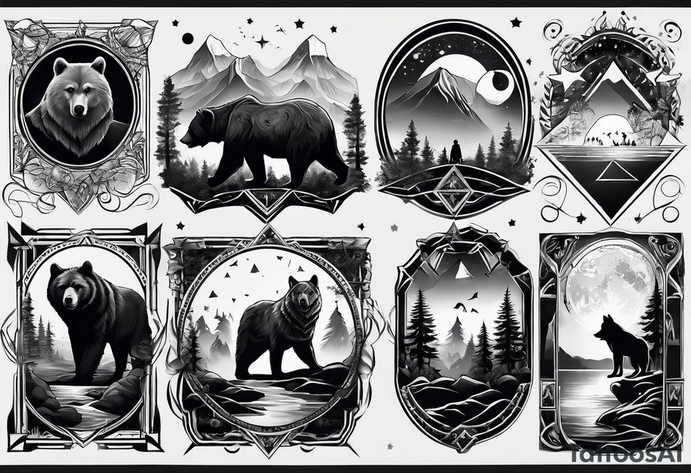 Full sleeve tattoo in black and white colore. The design should include space, stars, forest, sunset, mountains, cliffs, waterfall, water, ocean, wild animals (bear, wolves, elephant), and inserts of triangles and geometric figures. I have two children – a son, Sergei (the eldest), and a daughter, Anna, who live with me and my wife. But I also have another daughter, Marianna, whom I haven't seen for a long time and eagerly await to meet. The tattoo should symbolize love and protection for my children and family, the desire to secure their future, and confidence in tomorrow. It should reflect the notion of not looking back, but always moving forward and achieving goals! tattoo idea