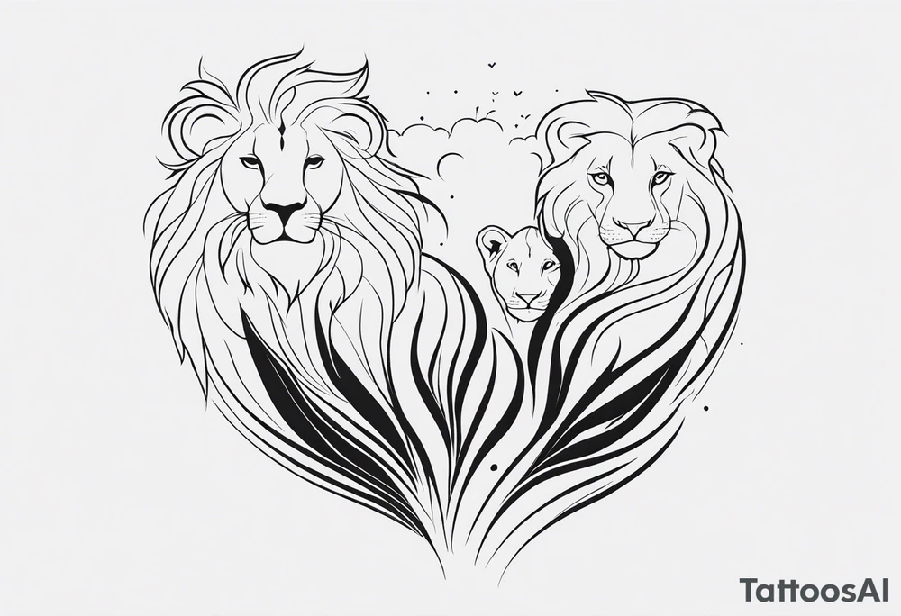 Minimalist black and white tattoo design for the calf featuring a lion, lioness, and lion cub. The lion faces upward towards the sky, looking in the opposite direction of the lioness. The lion cub is positioned below them, looking up. The design has a feminine touch with simple lines and elegant curves, focusing on the emotional connection between the three animals. tattoo idea