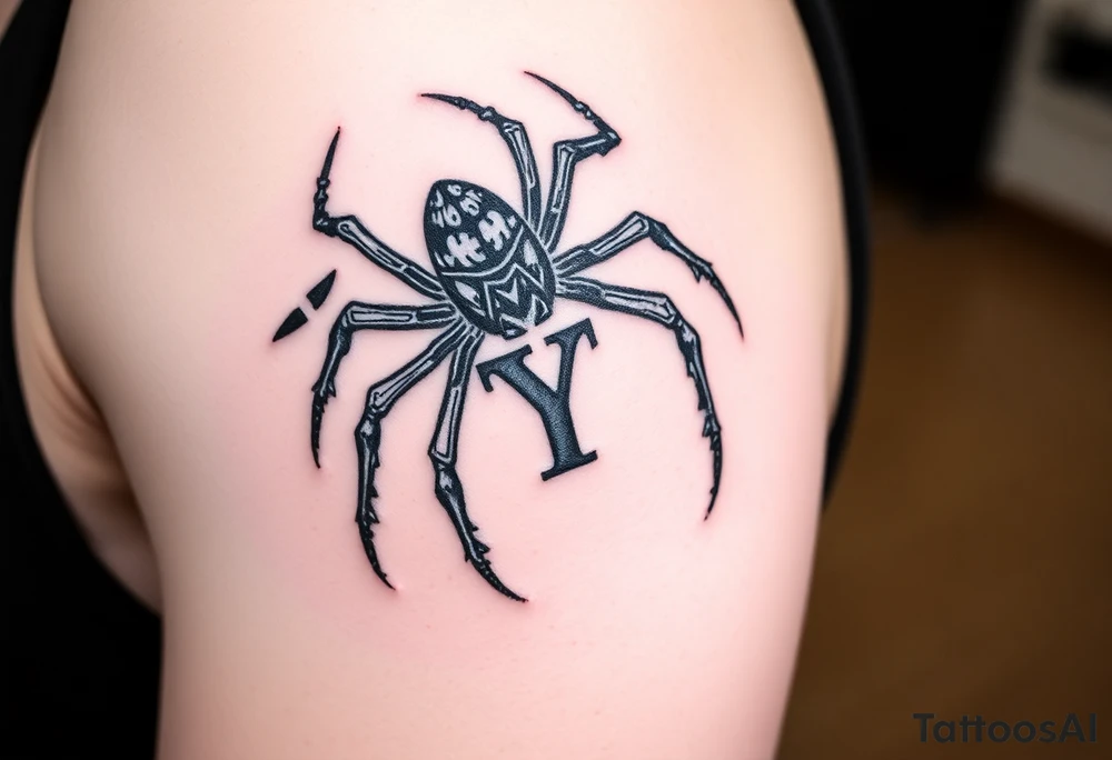 Spider crawling sideways with the letter Y on the body of the spider tattoo idea