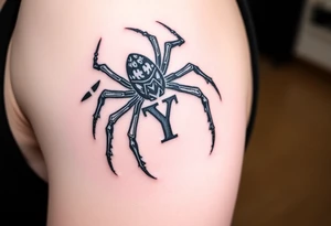 Spider crawling sideways with the letter Y on the body of the spider tattoo idea