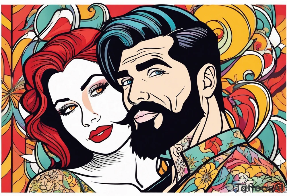 Busty Red haired woman with black haired bearded man tattoo idea