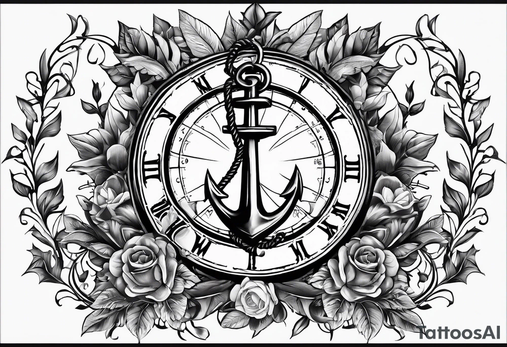 A selucid style anchor in front of a compass and a narrow laurel wreathe wrapped around the compass tattoo idea