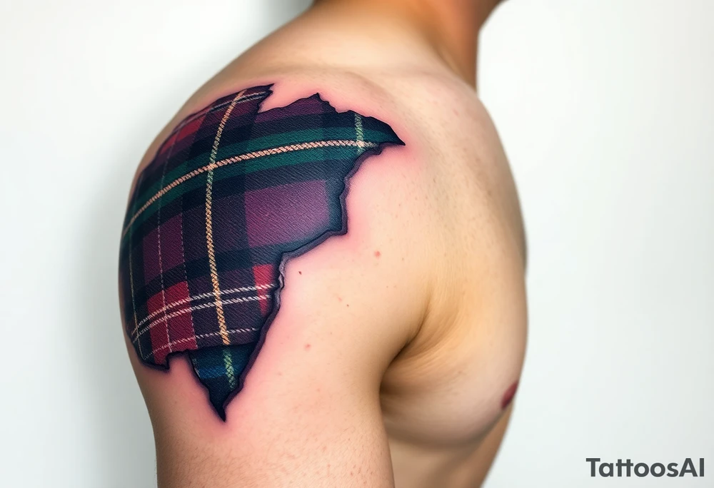 Side of arm Dark Purple with green pink blue and white highlights tartan fabric 
with skin ripping away at edges tattoo idea
