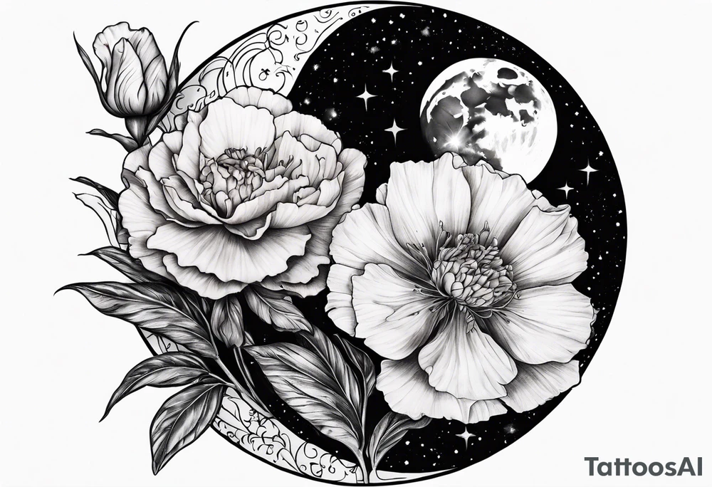Moon and carnation no leaves tattoo idea