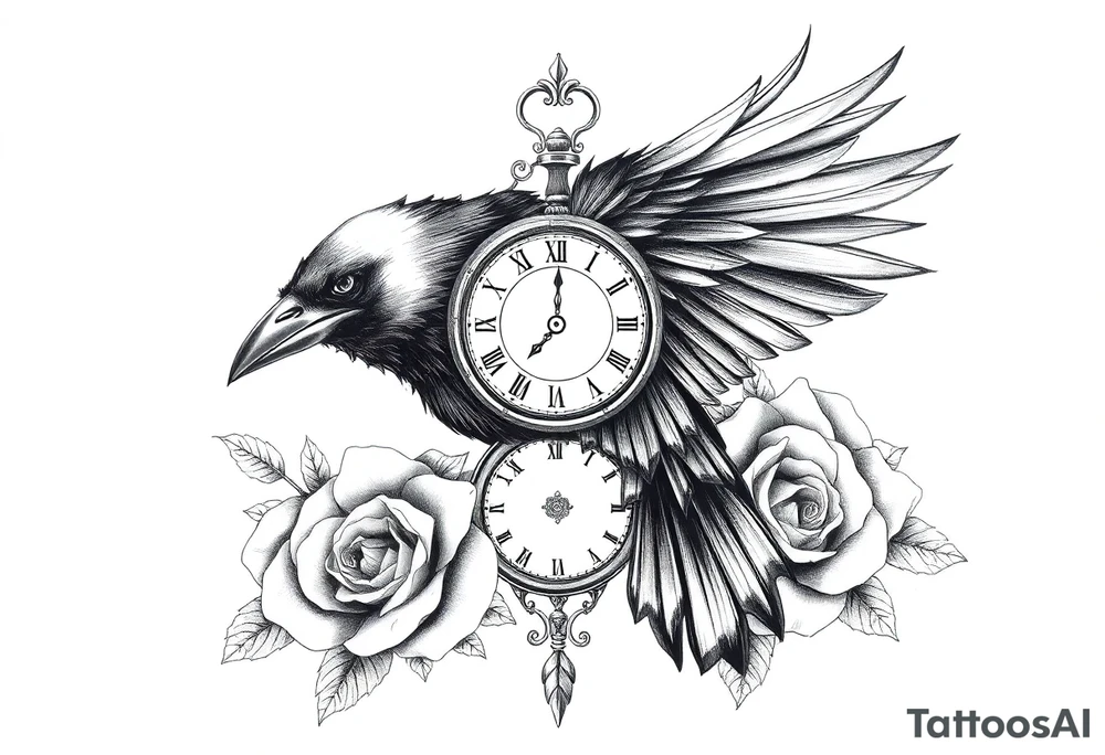raven,roses,clock. tattoo idea