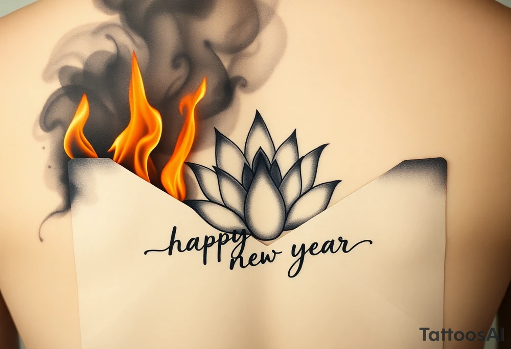 burning envelope with flames, charred paper texture, partially burnt edges, smoke and sparks   lotus flower surrounding envelope, watercolor lotus with gradient petals, traditional ink style lotus   handwritten text "hamburger, happy newyear", vintage cursive font on burnt paper, faded ink effect   neo-traditional tattoo, ink wash lotus, blackwork shading tattoo idea