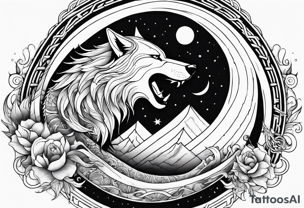 yang yang wolf chasing the moon and sun with Jörmungandr wrapped around it tattoo tattoo idea