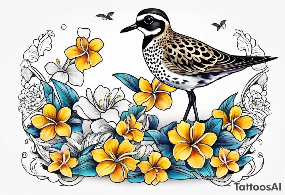 Pacific golden plover with Hawaiian flowers tattoo idea