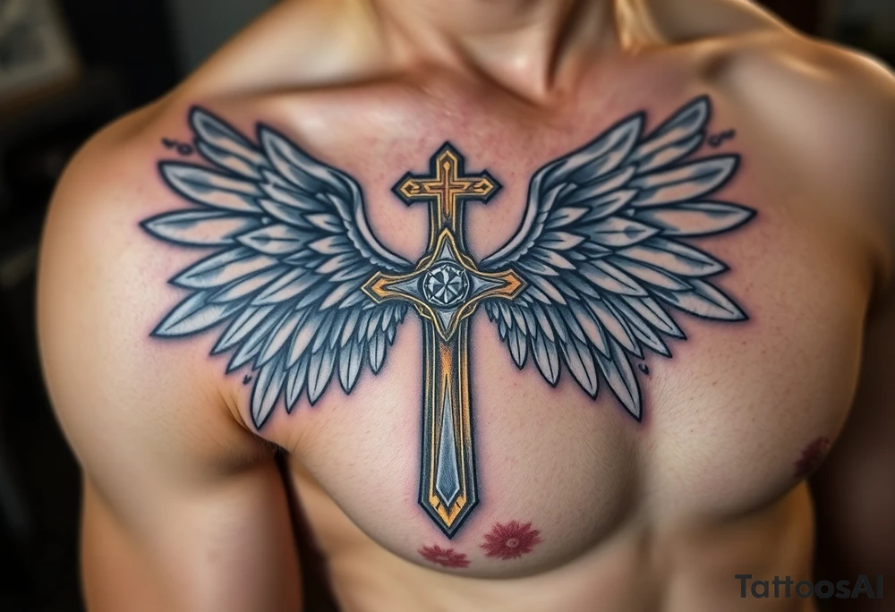A silver gothic cross with large angelic wings, softly shaded in white and gray, glowing with divine golden light tattoo idea