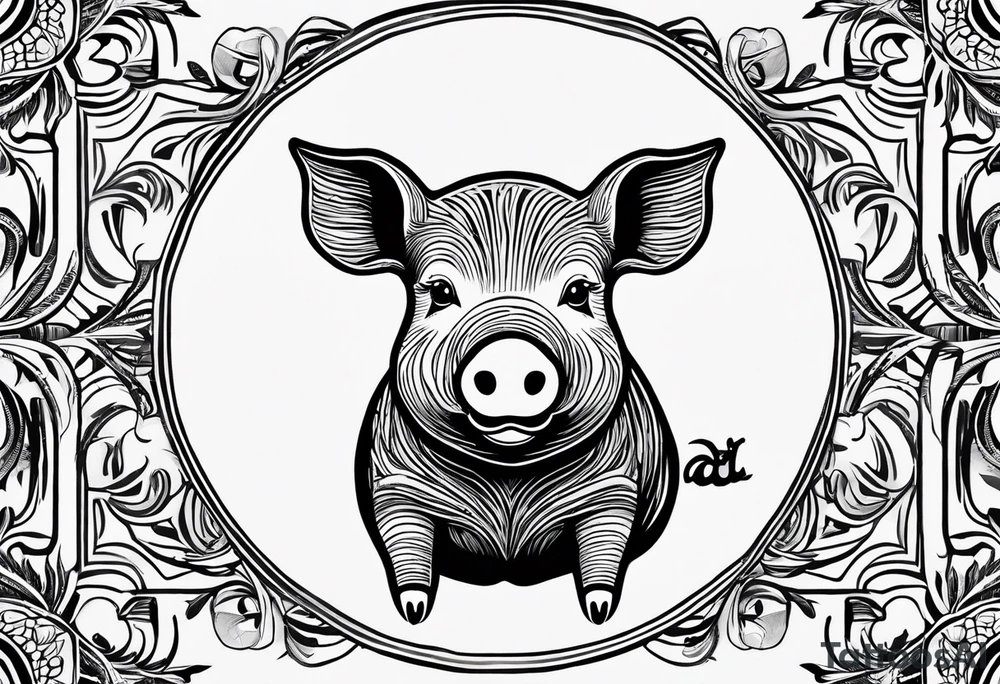 minimalist tattoo of a cute pig or piglet that contains text: "friends. not food" 

only very thin lines. no shading. black and white only tattoo idea