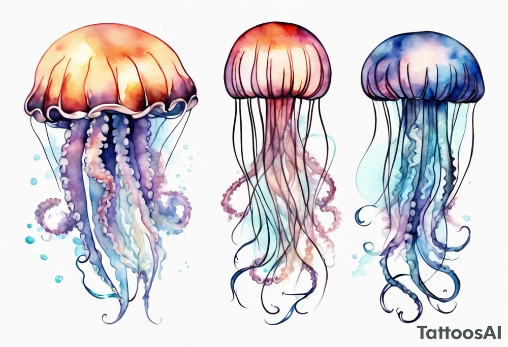 One large jellyfish with long tentacles, surrounded by two or three smaller jellyfish tattoo idea
