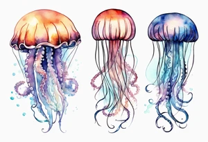 One large jellyfish with long tentacles, surrounded by two or three smaller jellyfish tattoo idea