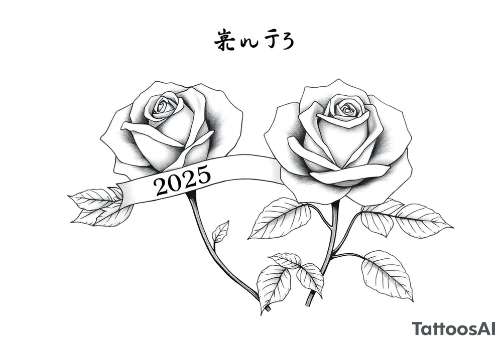 two beautiful large rose buds, one larger than the other, with many leaves next to the rose buds, with one sitting higher than the other. Include a banner connecting the two roses with "2025" on it.  The word "Rose" written in Kanji above the drawing.  Use dark outlines with little shading. The two stems should be short, not long, and connect and join into one stem, whimsically curved or twisted - not straight down. tattoo idea
